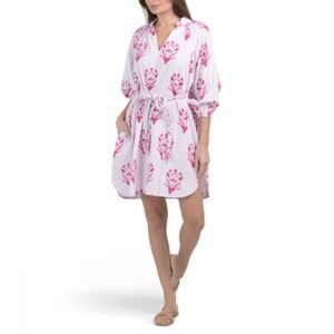 Caryn Lawn Pippi Mini Dress White Pink Print Belted Puff Sleeve OS One